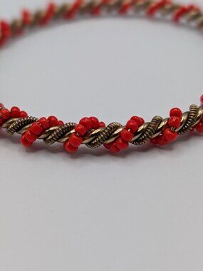 Red Seed Bead Twisted Rope Bangle Bracelet Antique Brass Boho Stacking Bangle